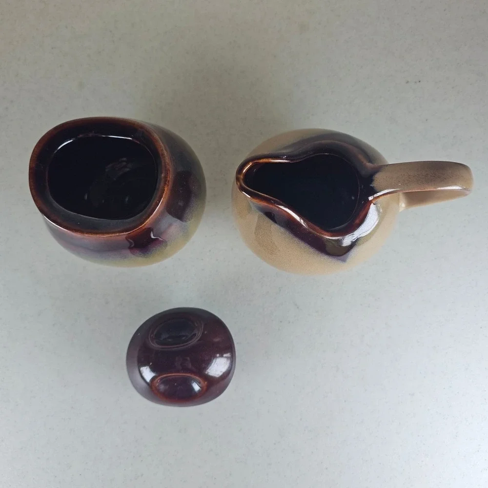 Sango Nova Brown Mottled Drip Glaze Pottery Creamer & Sugar Bowl Set‎ Model 4933